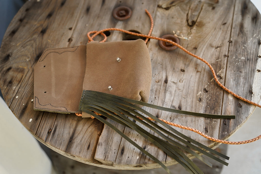 Embellished Filly Bag ~ Taupe Suede with Olive accents