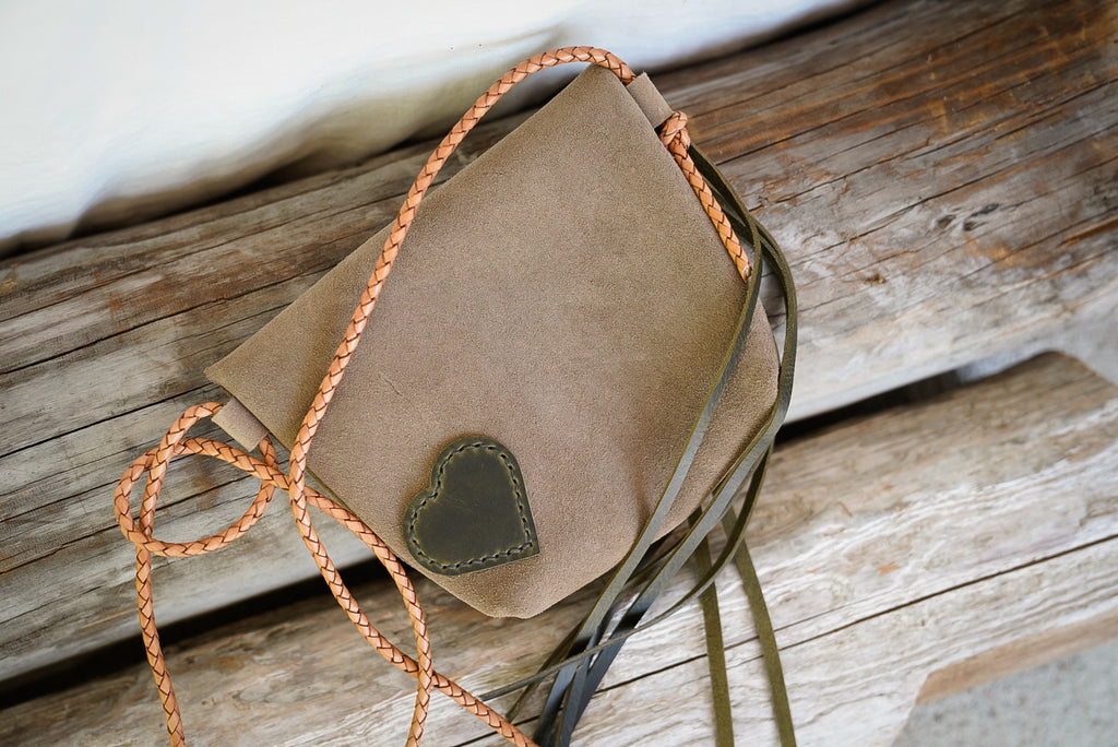 Embellished Filly Bag ~ Taupe Suede with Olive accents