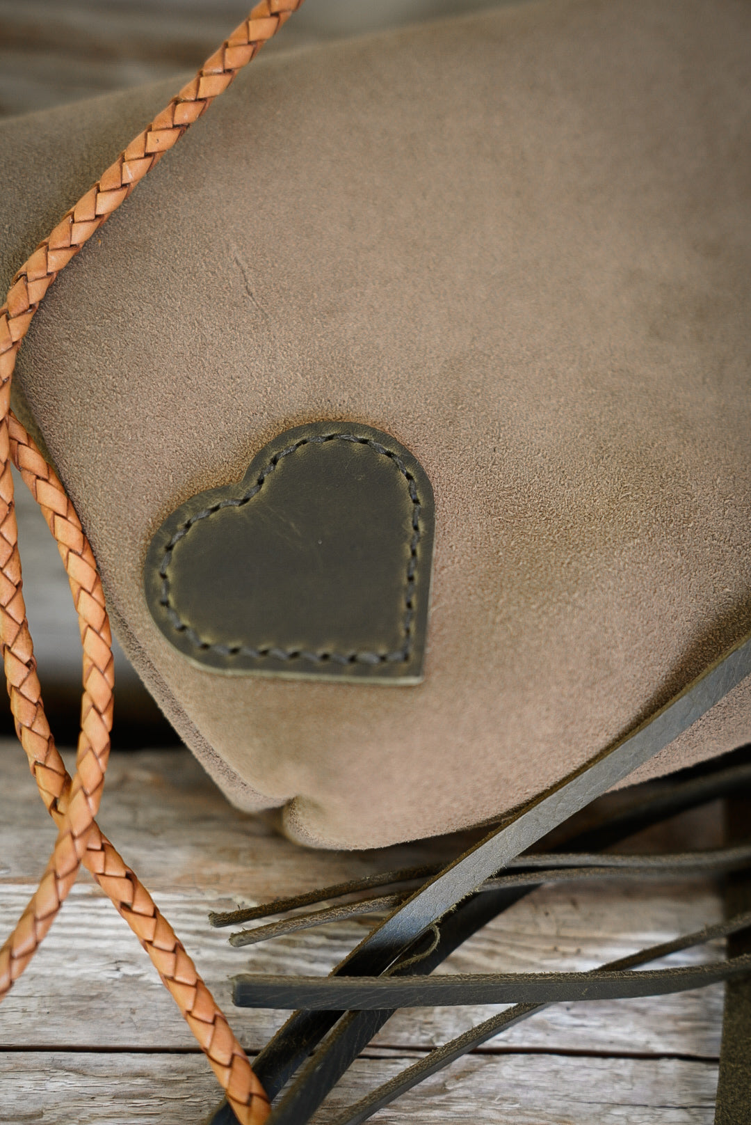 Embellished Filly Bag ~ Taupe Suede with Olive accents