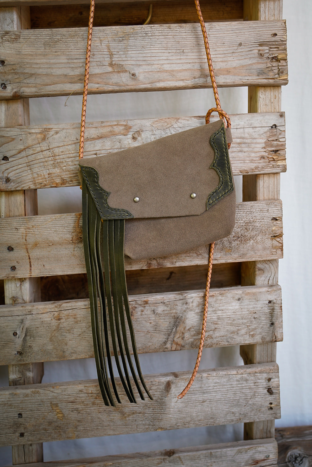 Embellished Filly Bag ~ Taupe Suede with Olive accents