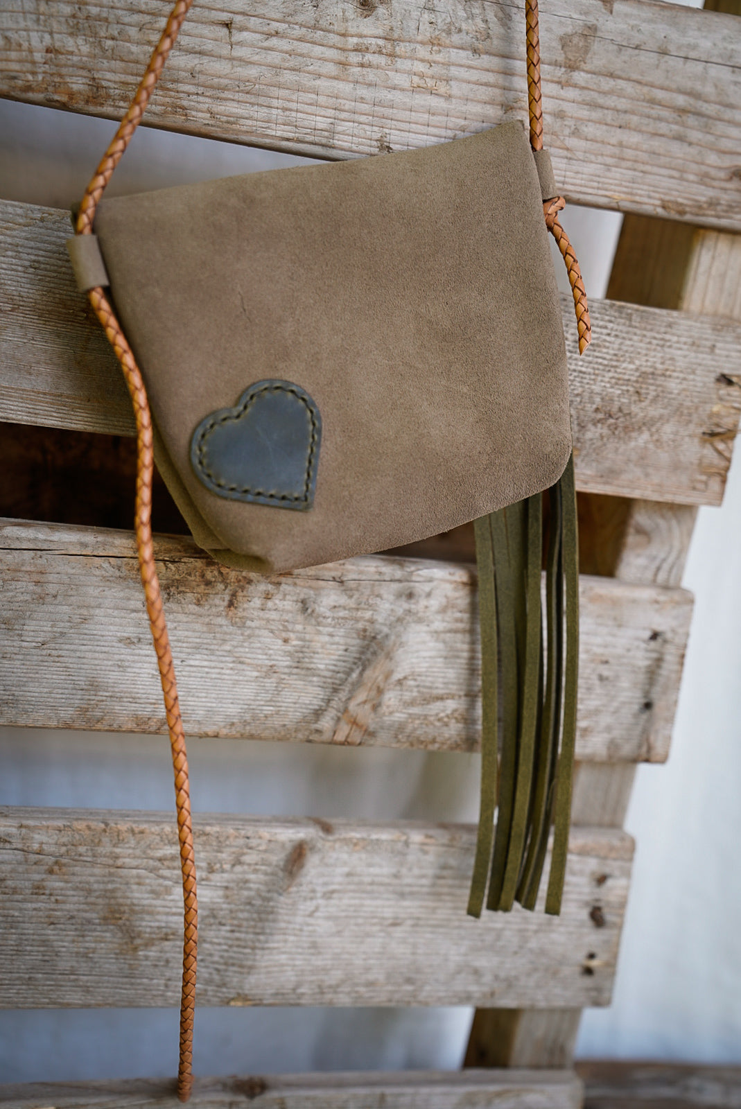 Embellished Filly Bag ~ Taupe Suede with Olive accents