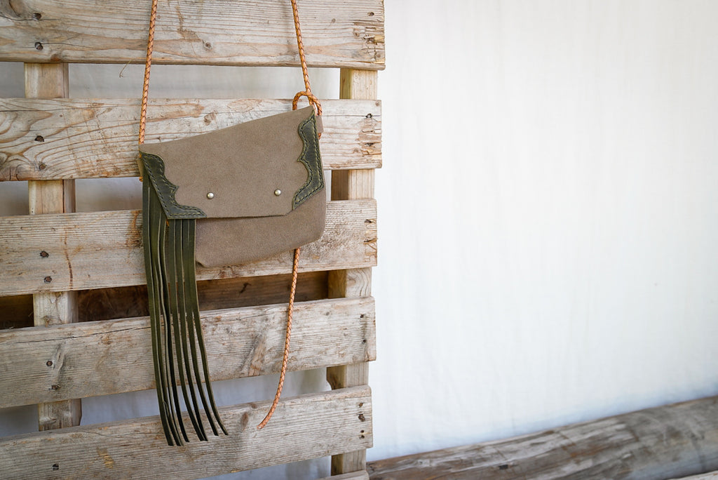 Embellished Filly Bag ~ Taupe Suede with Olive accents