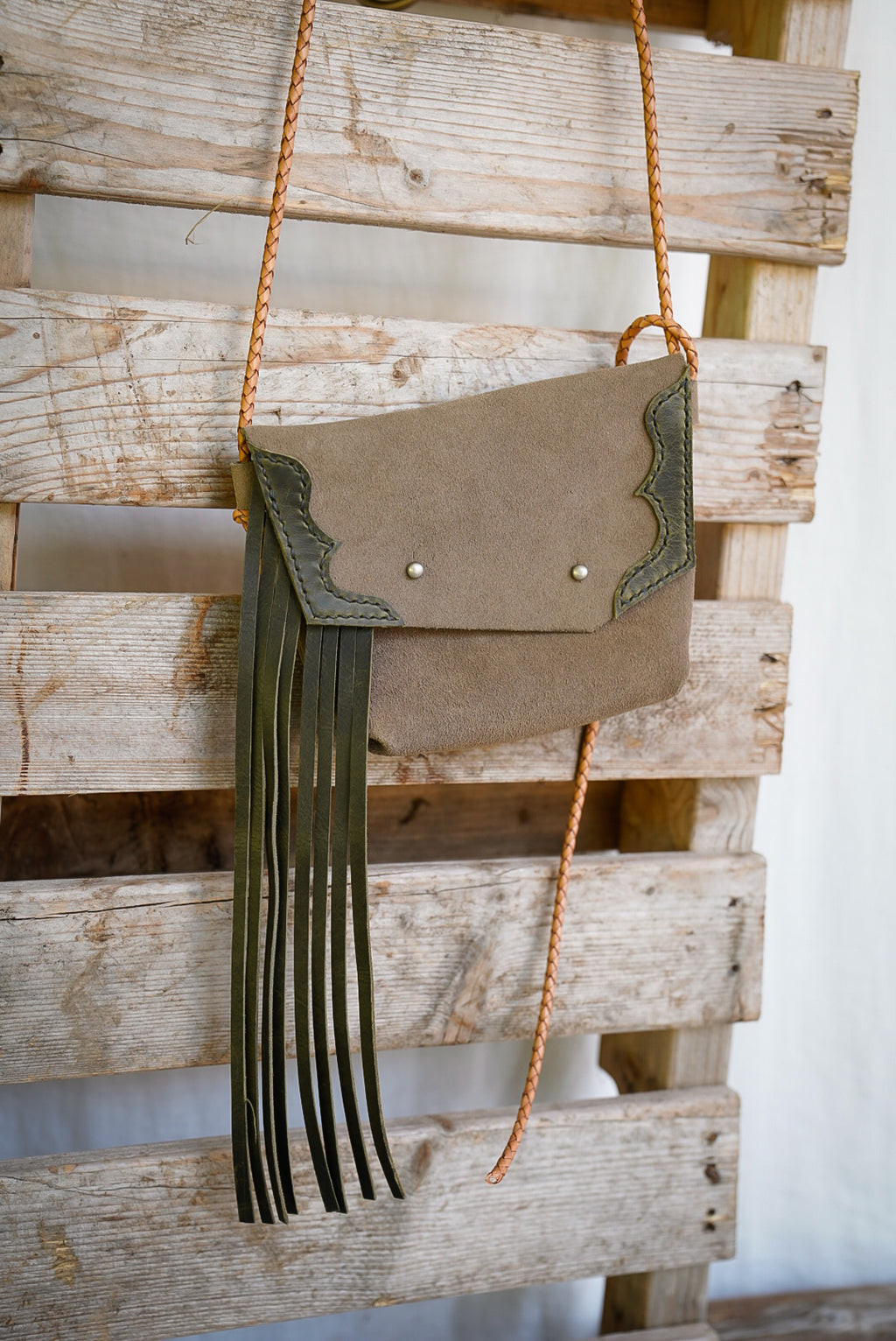 Embellished Filly Bag ~ Taupe Suede with Olive accents