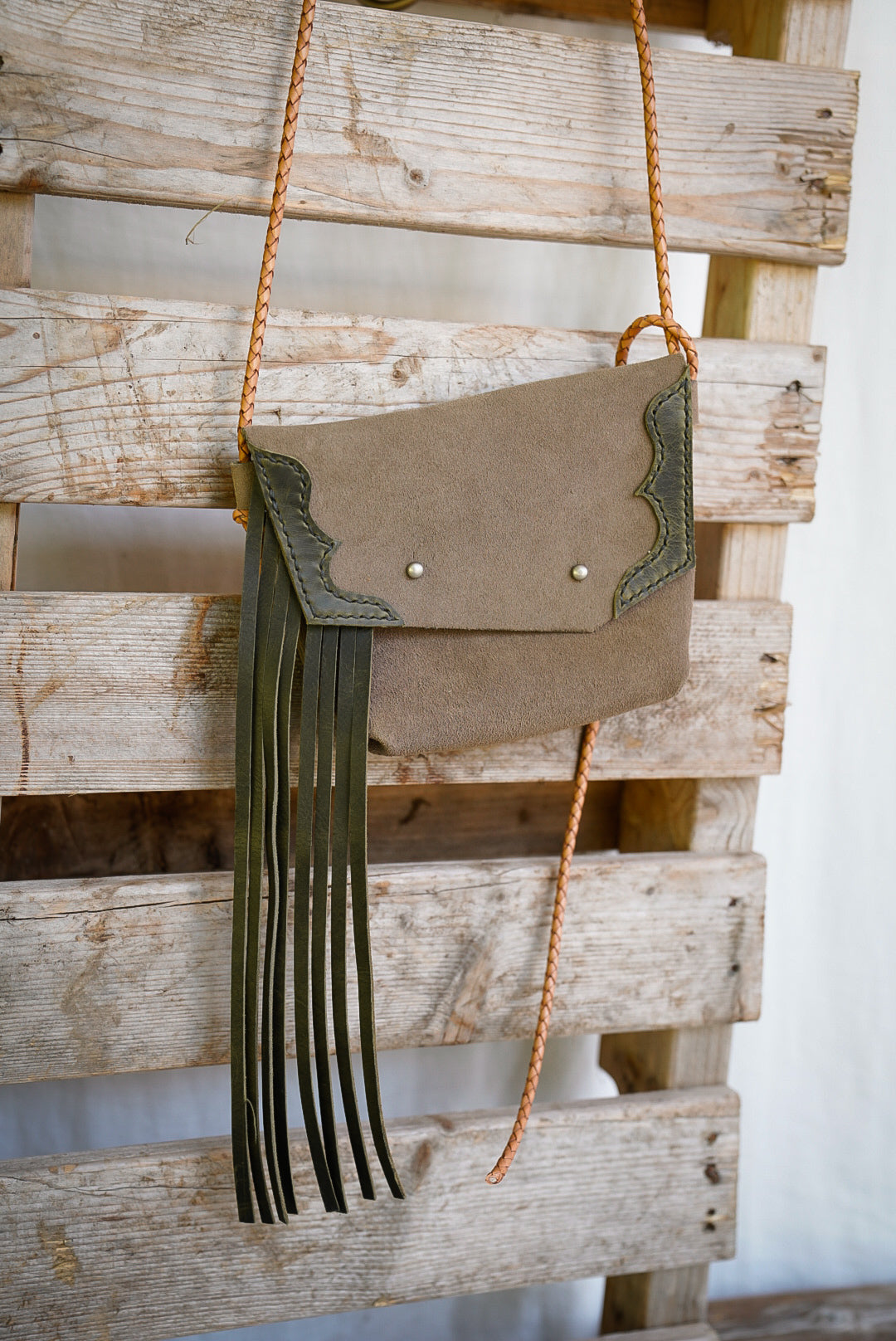 Embellished Filly Bag ~ Taupe Suede with Olive accents