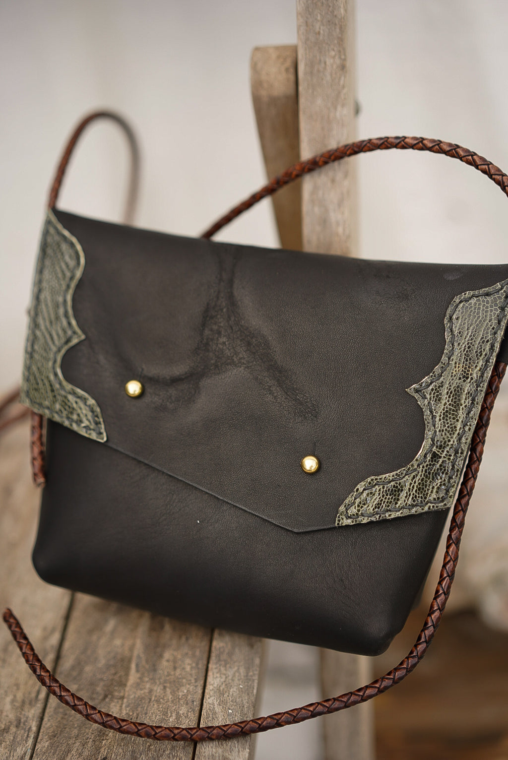 Embellished Filly Bag ~ Black with Green Ostrich