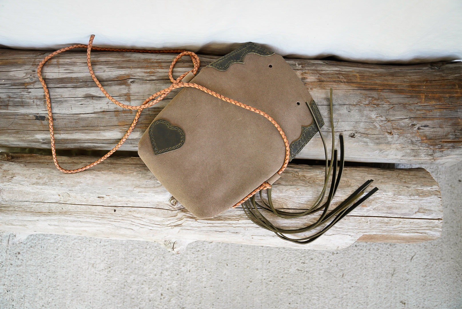 Embellished Filly Bag ~ Taupe Suede with Olive accents