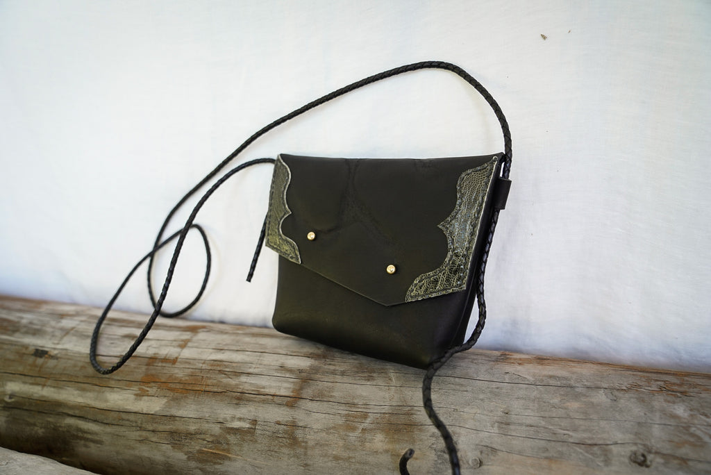 Embellished Filly Bag ~ Black with Green Ostrich