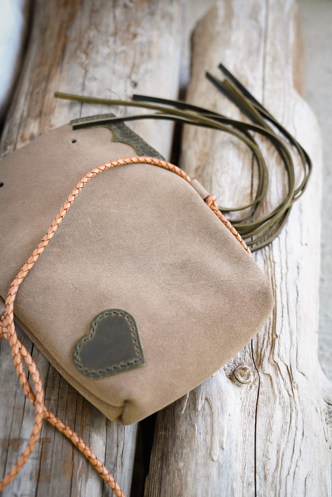 Embellished Filly Bag ~ Taupe Suede with Olive accents
